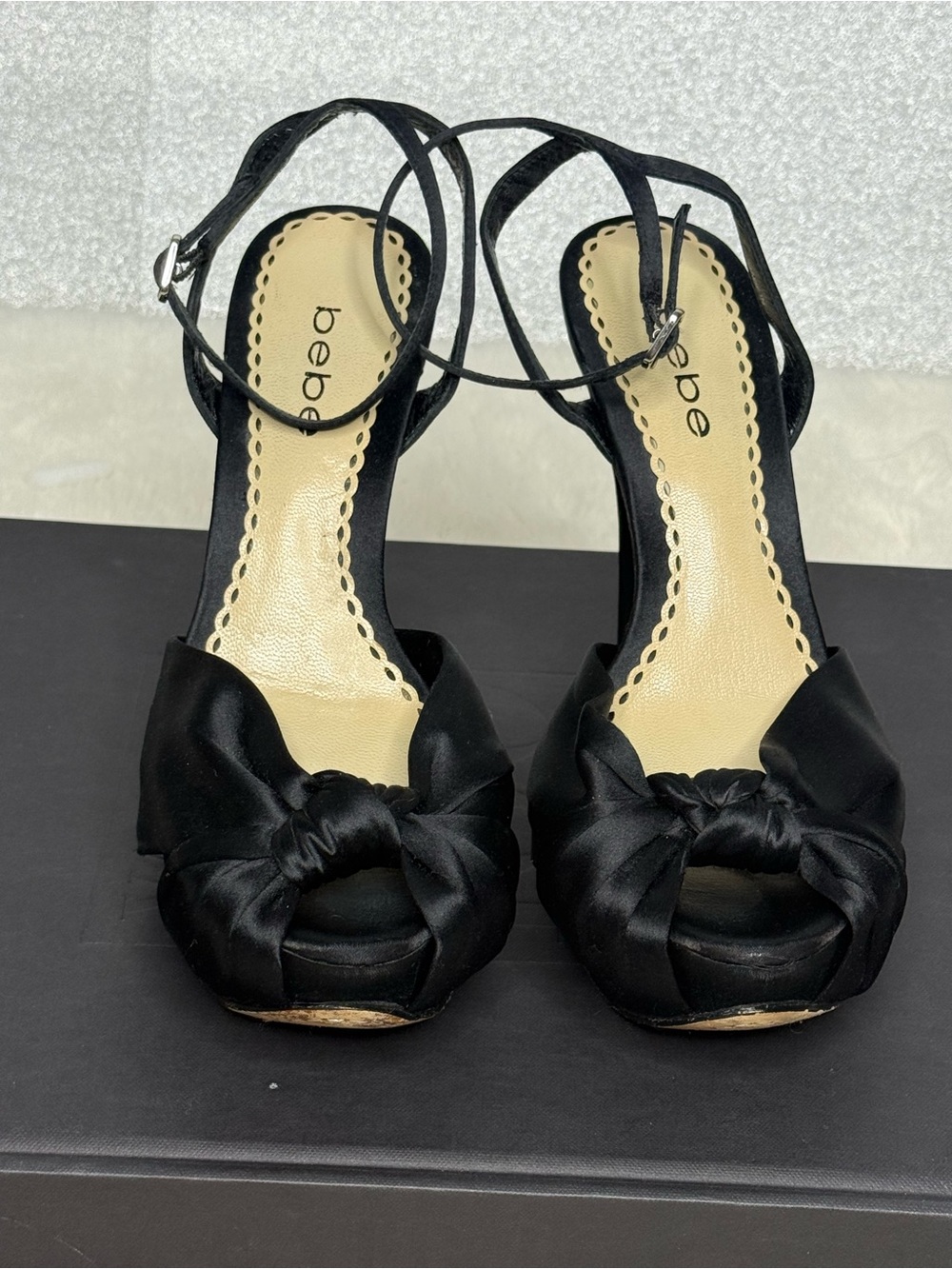 bebe Black Knotted Peep-Toe Ankle Strap Heels - Picture 3 of 11